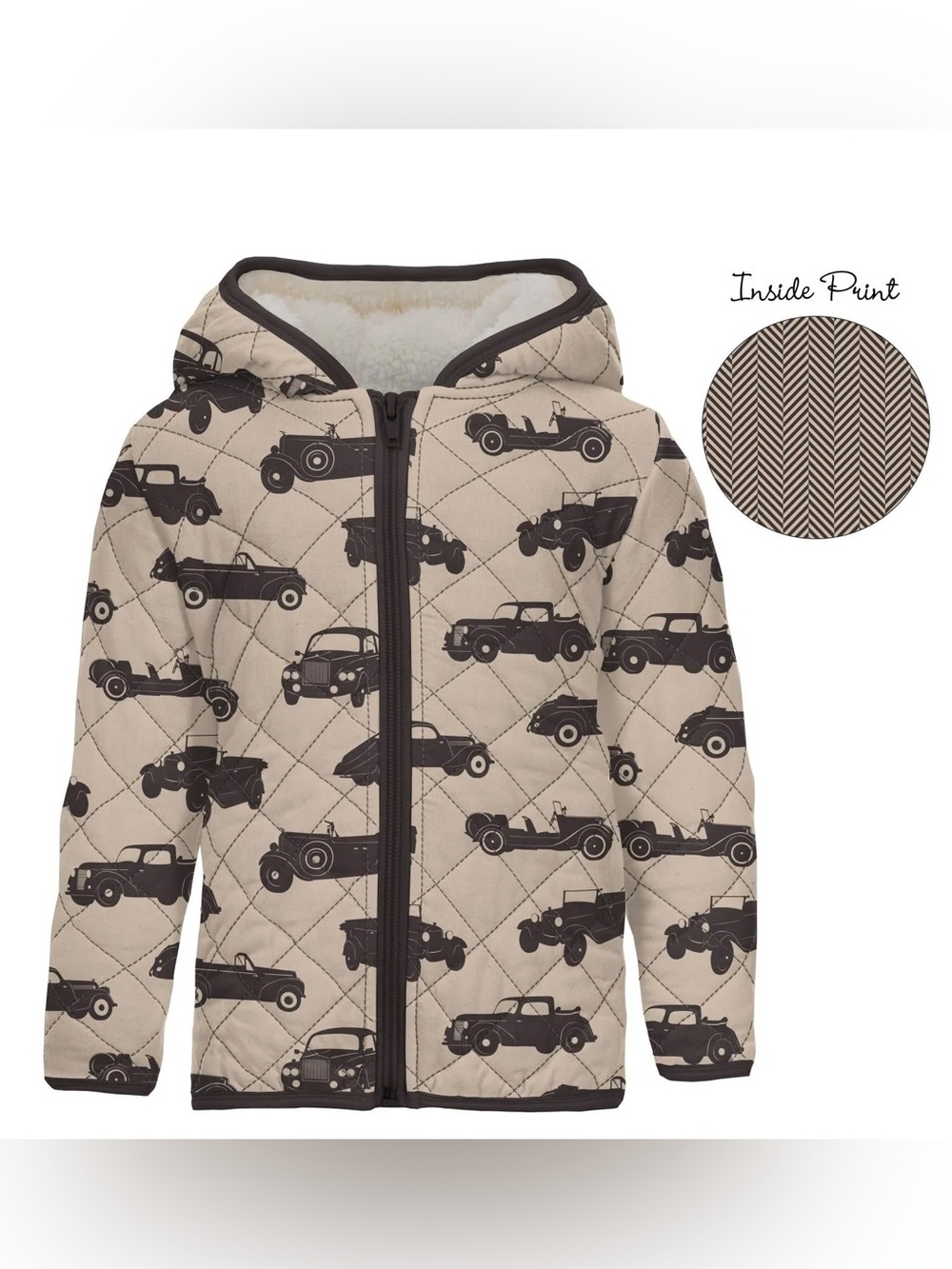 Kickee Pants Brown and Tan Car Print Quilted Cozy Jacket with Sherpa Hood